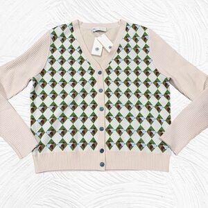 Tory Burch Jacquard Merino Wool Cardigan -‎ Cream and Green Size XL